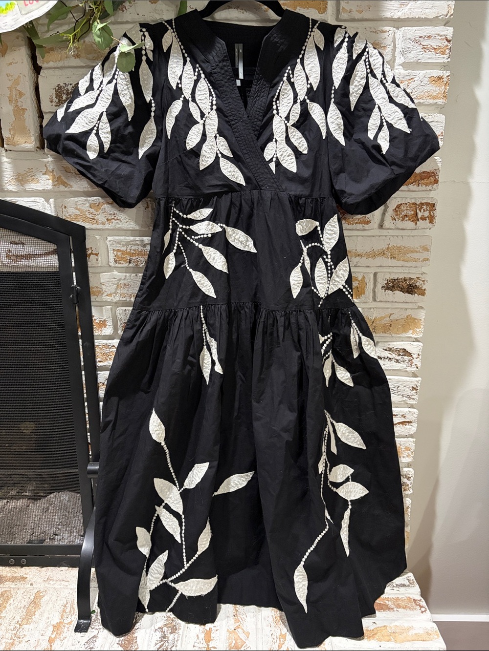 Anthropologie Black Maxi Dress with White Leaf Embroidery